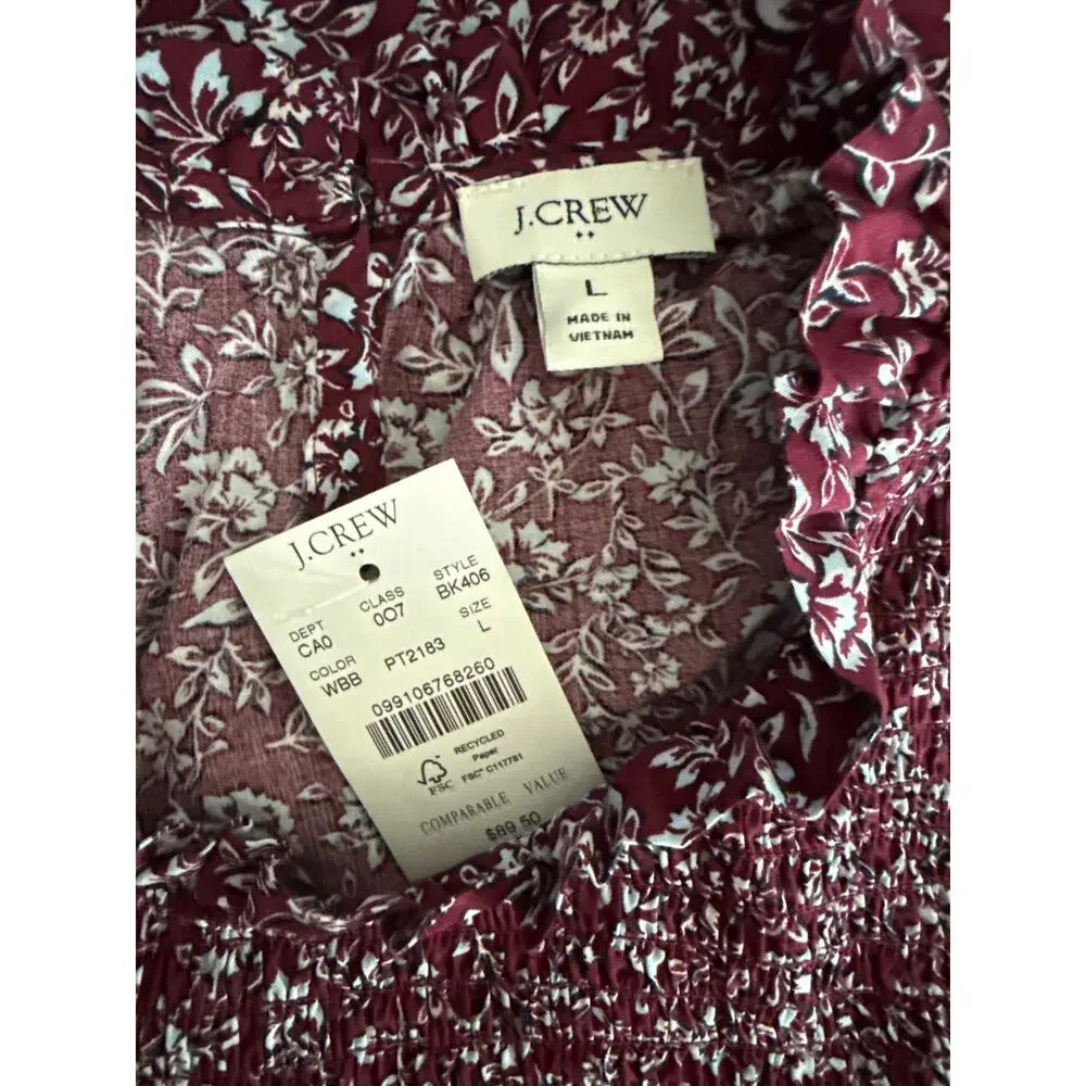J. Crew Warm Burgundy Blue Bree Smocked Ruffleneck Top‎ Size Large